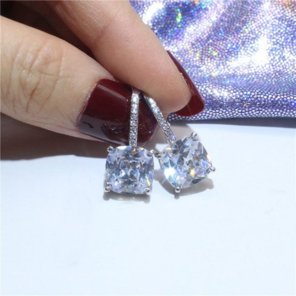 Square Cubic Zirconia Small Hoop Drop Dangle Earrings Fashion Jewelry - Picture 4 of 4